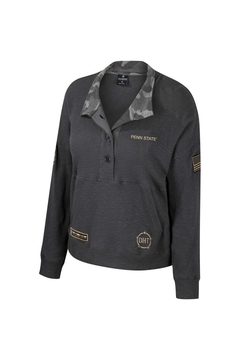 Women's Colosseum  Heather Charcoal Penn State Nittany Lions OHT Military Appreciation Payback Henley Thermal Sweatshirt, Alternate, color, Heather Charcoal