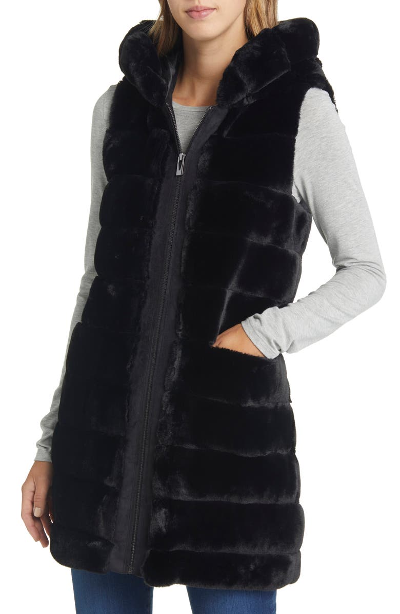 Via Spiga Hooded Faux Fur Vest, Alternate, color, Black