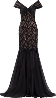 Tadashi Shoji Sequin Leaf Detail Trumpet Gown