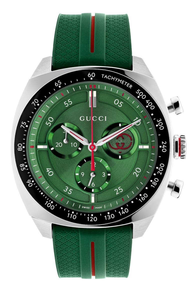 Interlocking G Chronograph Rubber Strap Watch, 41mm, Alternate, color, GREEN