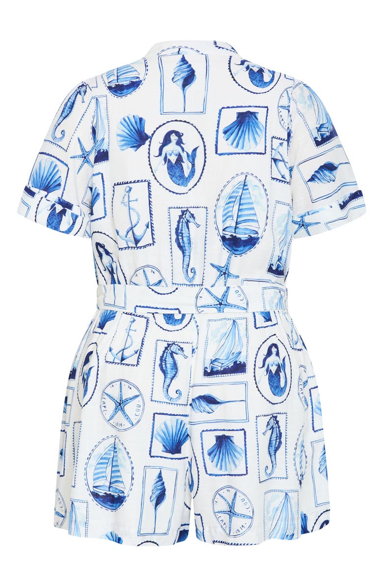 City Chic Elise Amalfi Print Belted Button Front Romper, Alternate, color, 