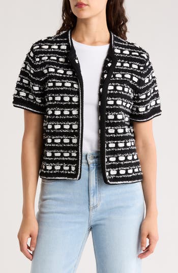 Alice And Olivia Marjorie Tweed Cardigan In Black/soft White