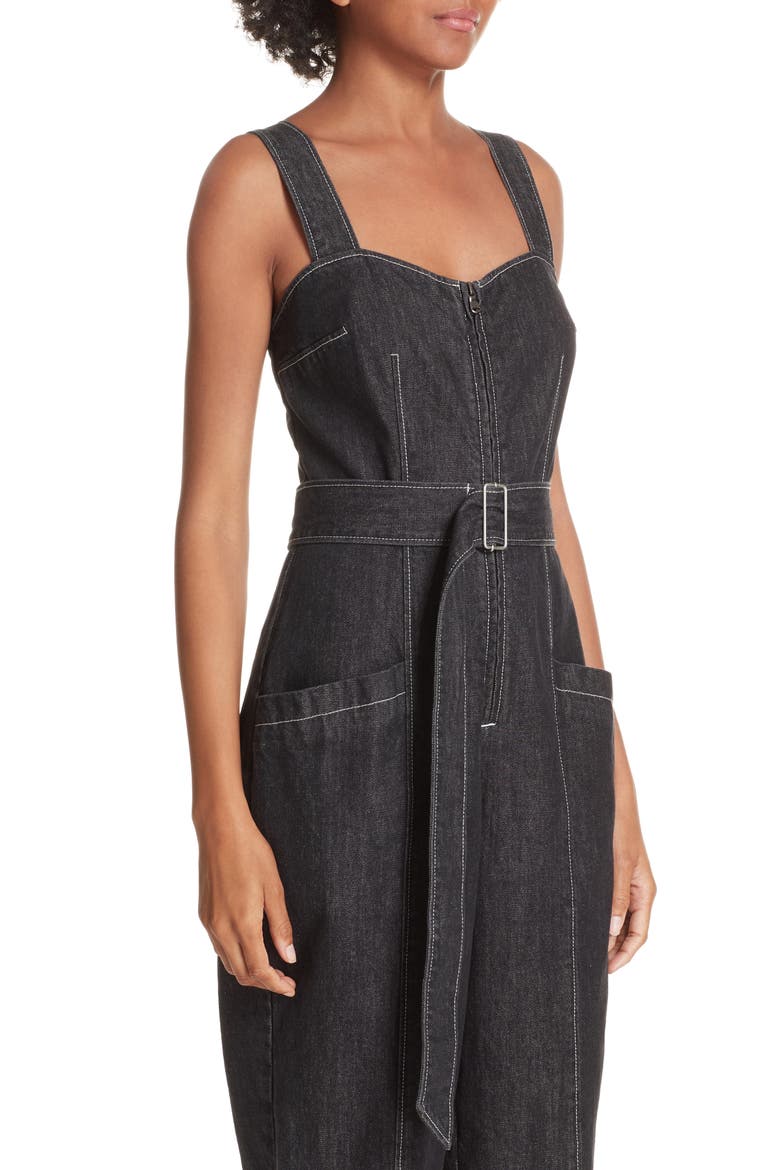 Topstitch Cotton Denim Jumpsuit, Alternate, color, BKLRRN