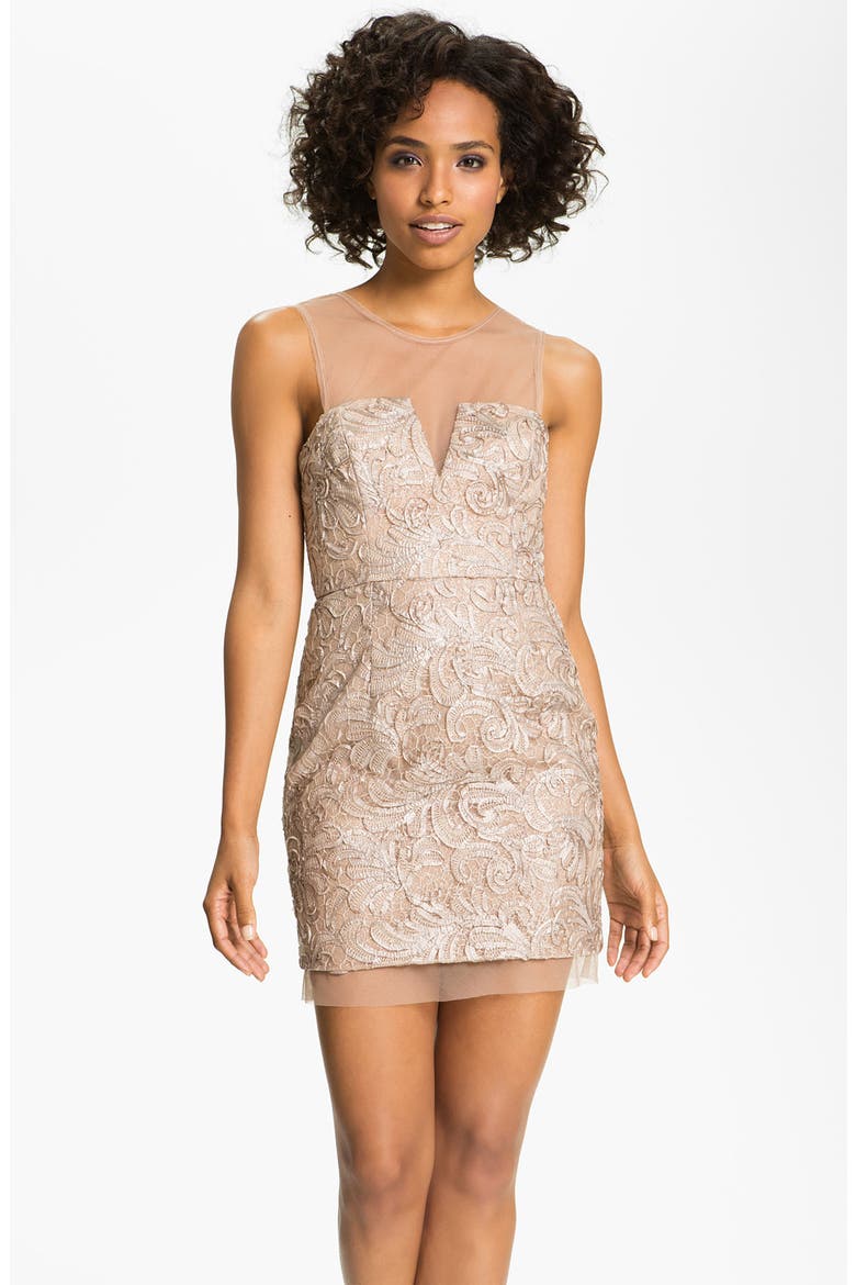 Embroidered Illusion Yoke Sheath Dress, Main, color, CHAMPAGNE