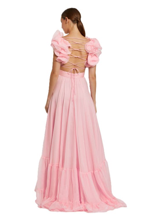 Mac Duggal Ruffle Tiered Cut-out Chiffon Gown In Blush