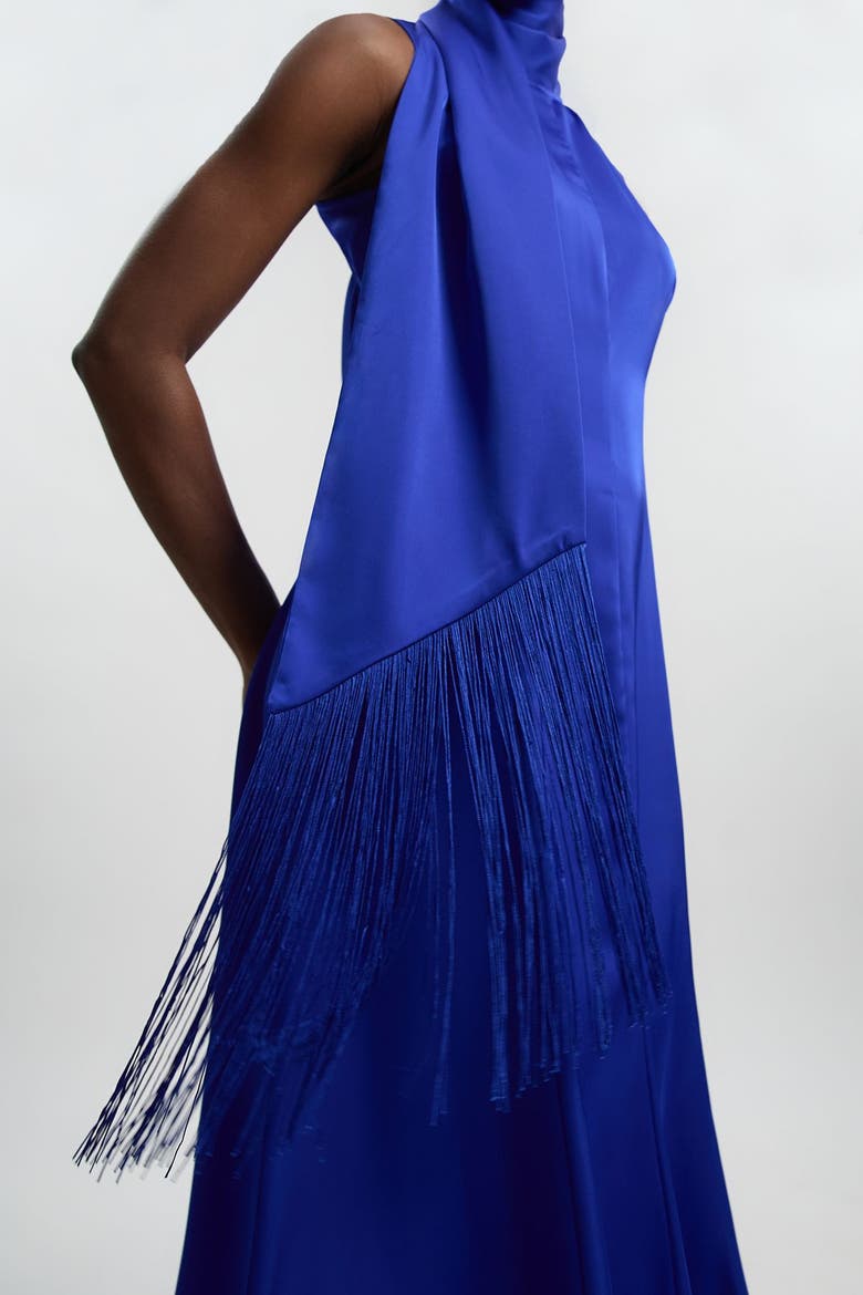 Satin Cowl Neck Scarf Fringe Maxi Dress, Alternate, color, Cobalt
