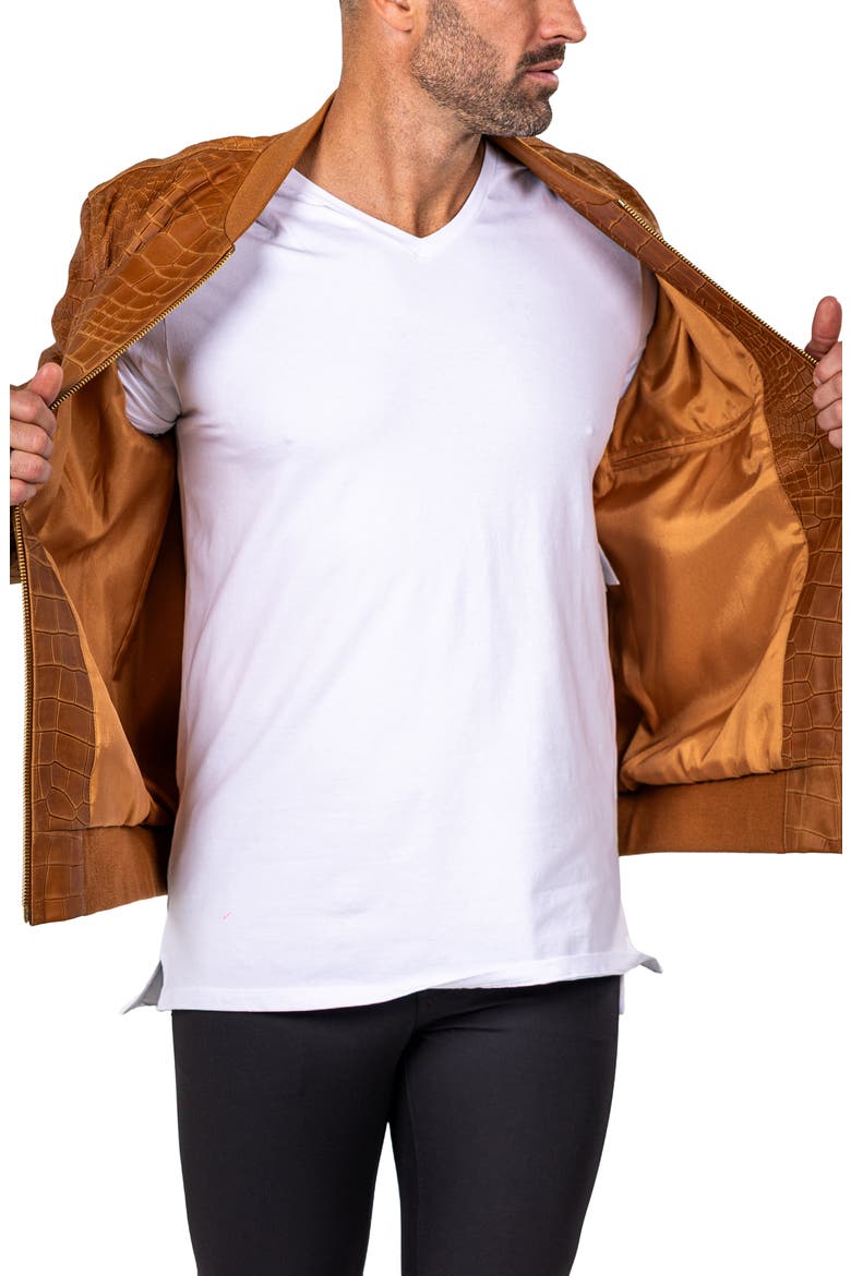 Marthyr Croc Embossed Leather Bomber Jacket, Alternate, color, BROWN