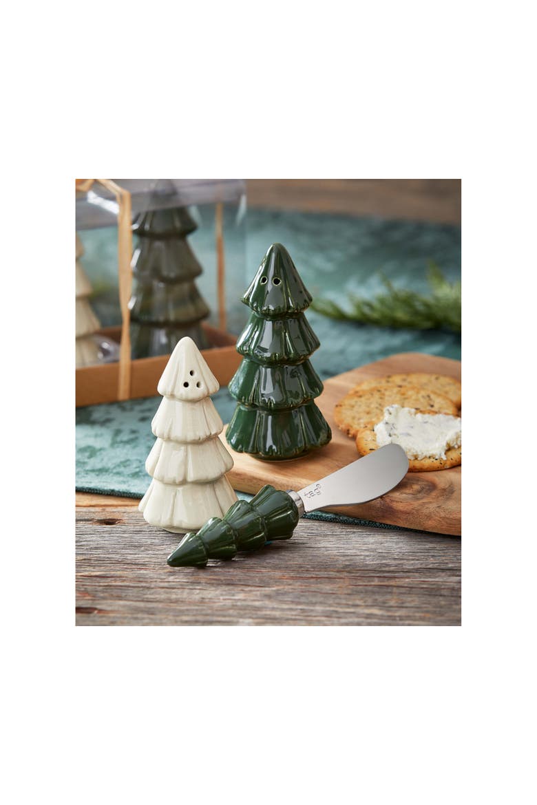 Pine Tree Salt and Pepper Shakers Ceramic Christmas Set, Alternate, color, Multicolored