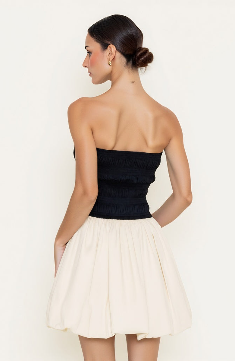 Modenaire Strapless Bubble Hem Mini Dress with Smocked Bodice, Alternate, color, Black / Cream