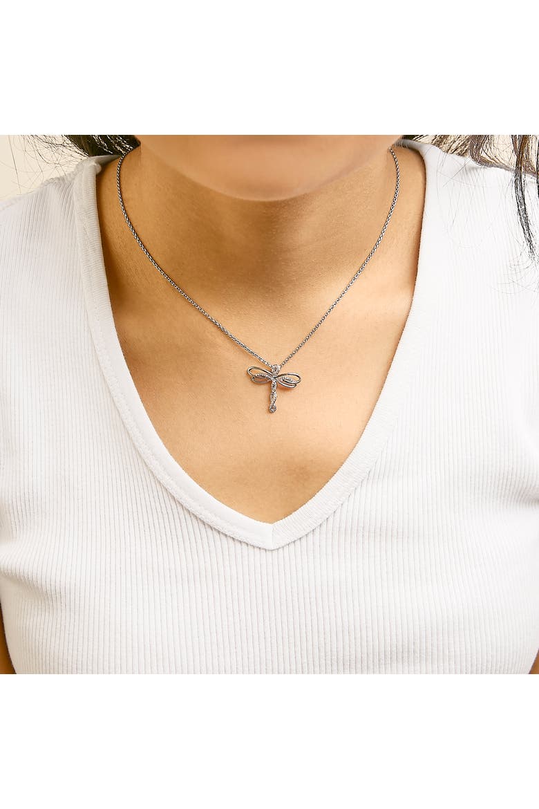 14K Rose Gold Plated Sterling Silver 1/10 Cttw Diamond Dragonfly Pendant Necklace, Alternate, color, White Gold over Silver