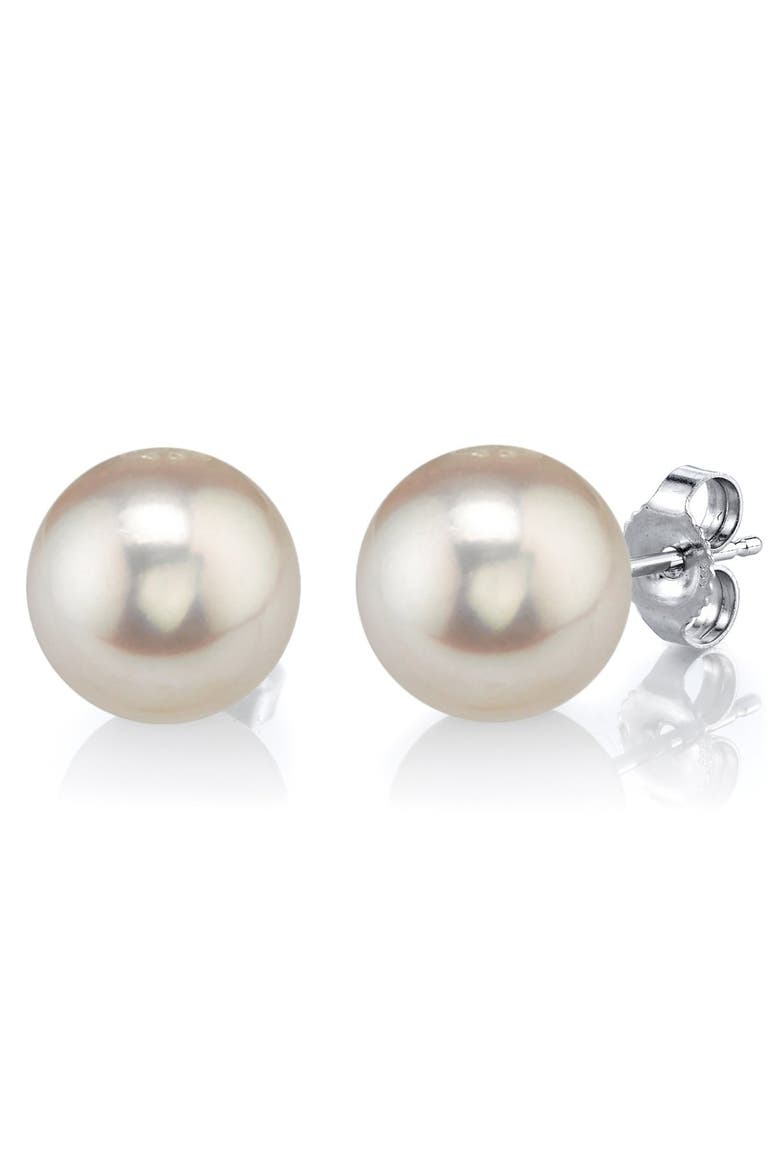 10mm White Freshwater Round Pearl Stud Earrings, Main, color, White Gold