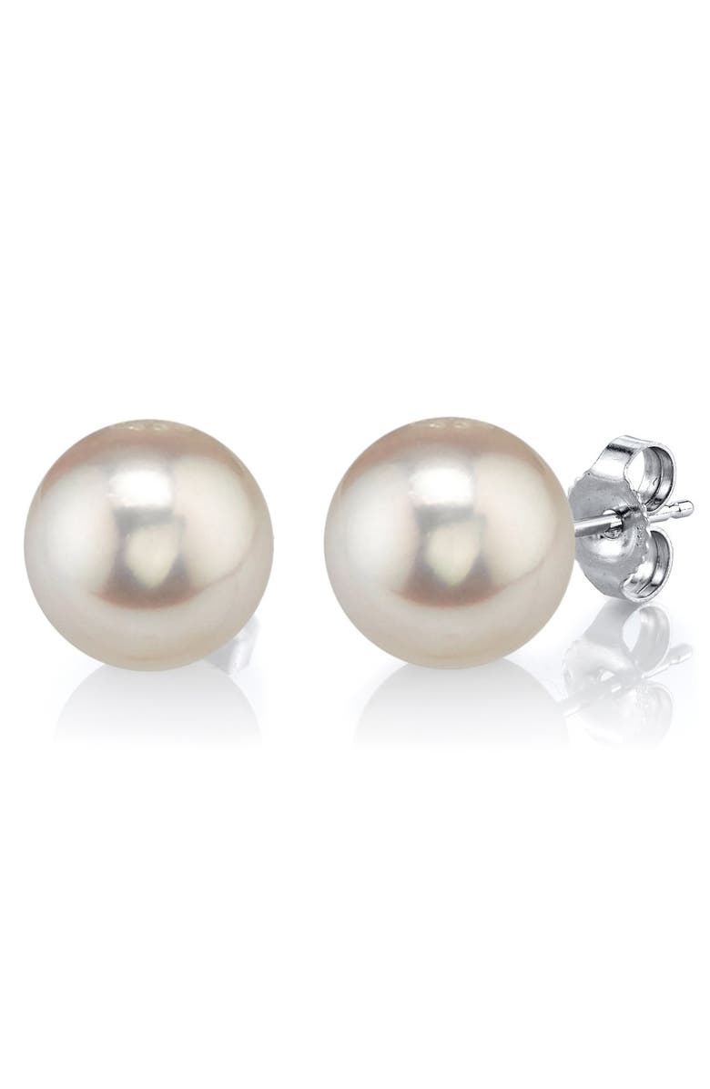 The Pearl Source Freshwater Round Pearl Stud Earrings 9mm, Main, color, White Pearl - Yellow Gold