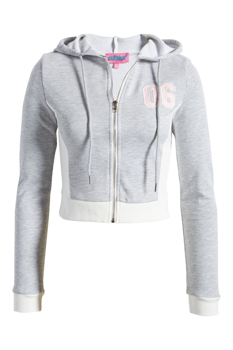 Pat Appliqué Zip Front Crop Hoodie, Alternate, color, GRAY-MELANGE