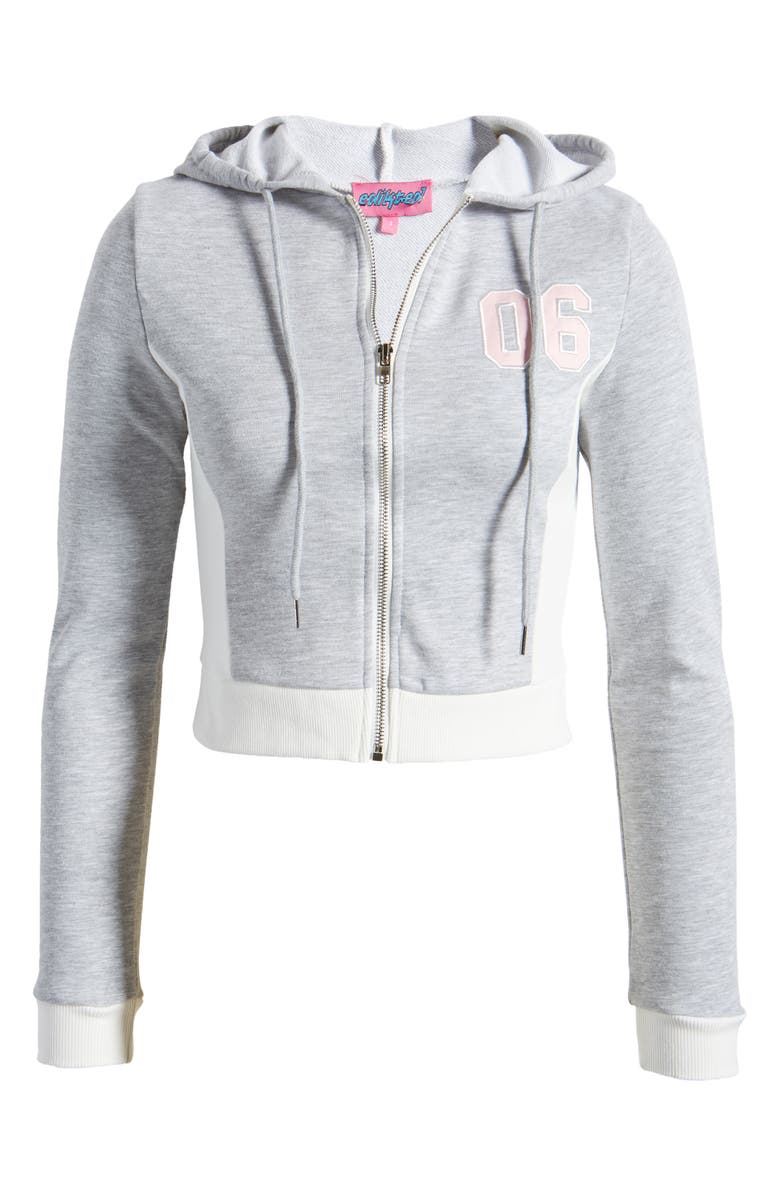 EDIKTED Pat Appliqué Zip Front Crop Hoodie, Alternate, color, Gray-Melange