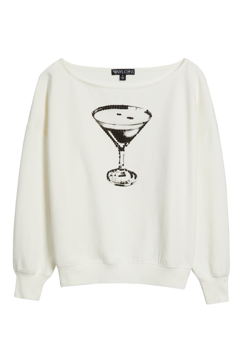 Martini Embellished Off the Shoulder Graphic Fleece Sweatshirt, Alternate, color, MARSHMALLOW