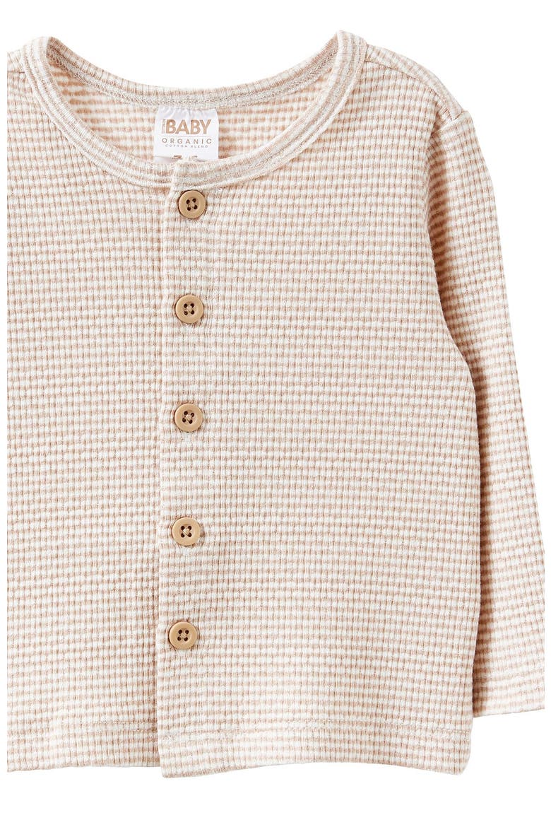 Organic Pointelle Cardigan, Alternate, color, Latte Cream Finley Stripe