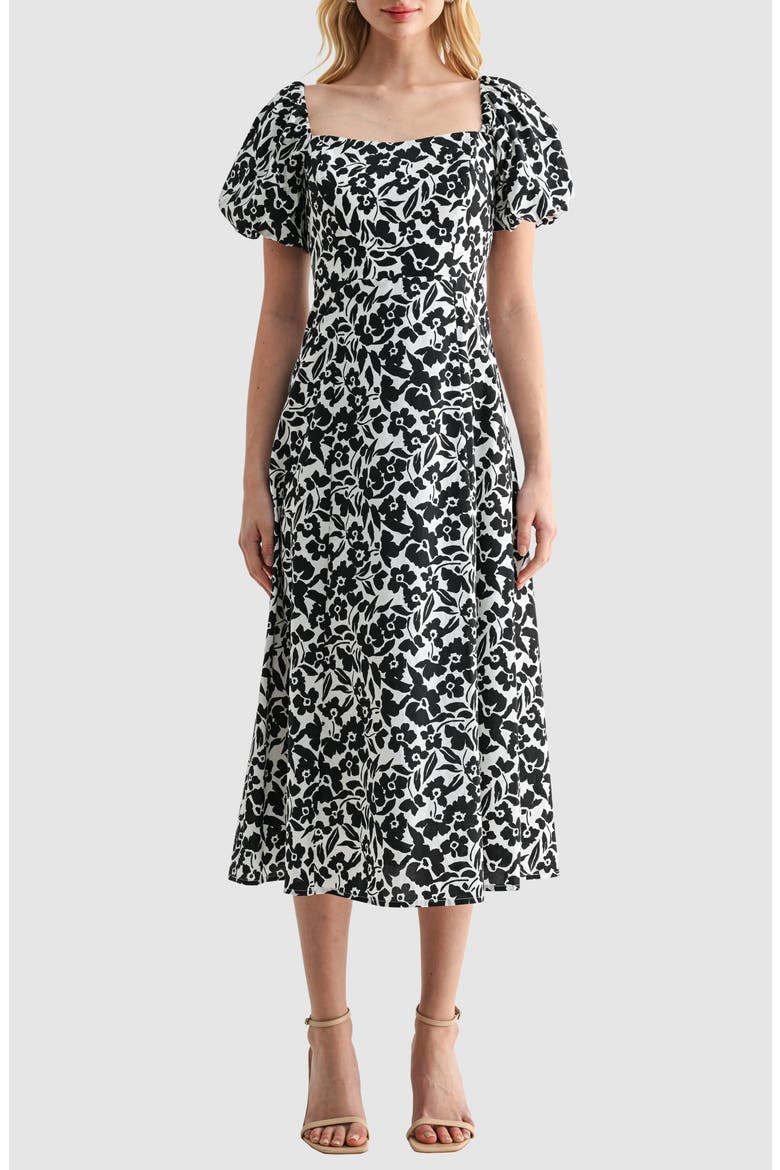 Floral Puff Sleeve A-Line Midi Dress, Main, color, WHITE BLACK FLORAL