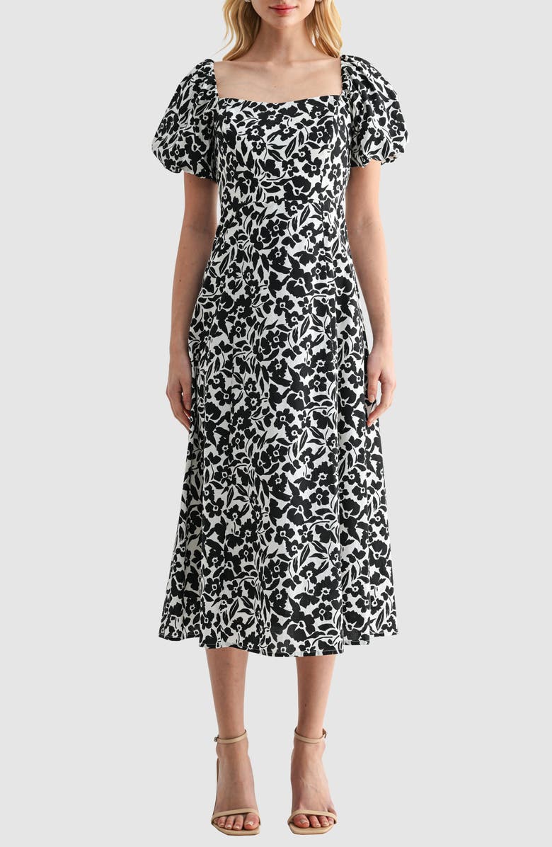 Lush Floral Puff Sleeve A-Line Midi Dress, Main, color, White Black Floral