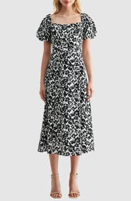 Lush Floral Puff Sleeve A-Line Midi Dress