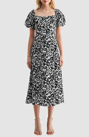 Lush Floral Puff Sleeve A-Line Midi Dress