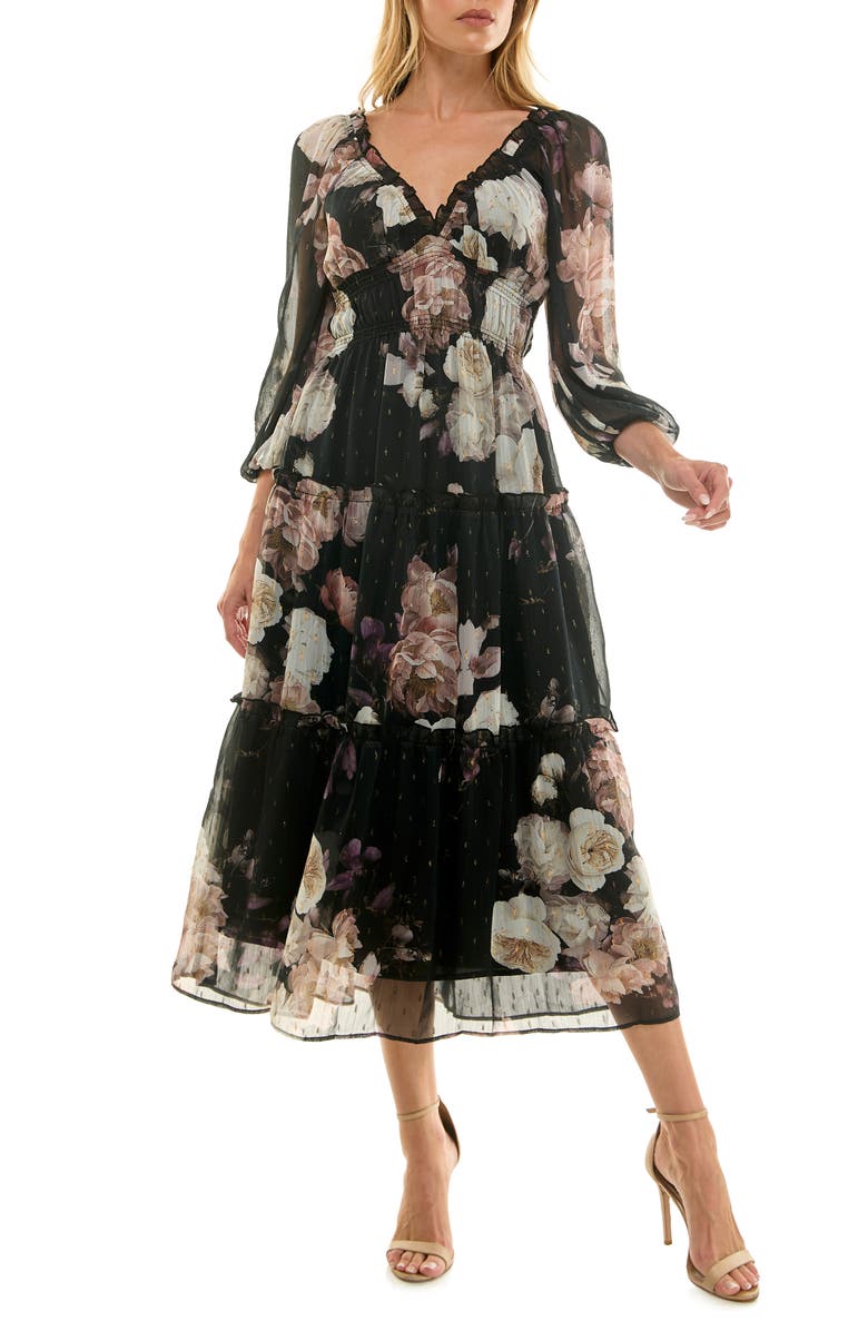 Socialite Floral Balloon Sleeve Tiered Midi Dress, Main, color, Black Mve Grey