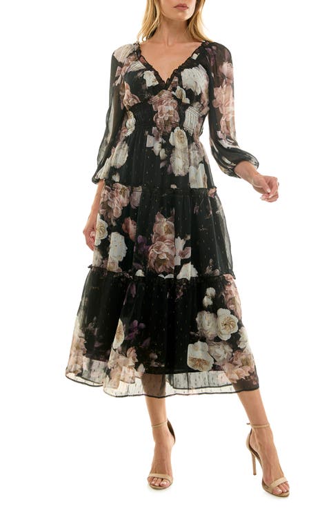 Floral Balloon Sleeve Tiered Midi Dress