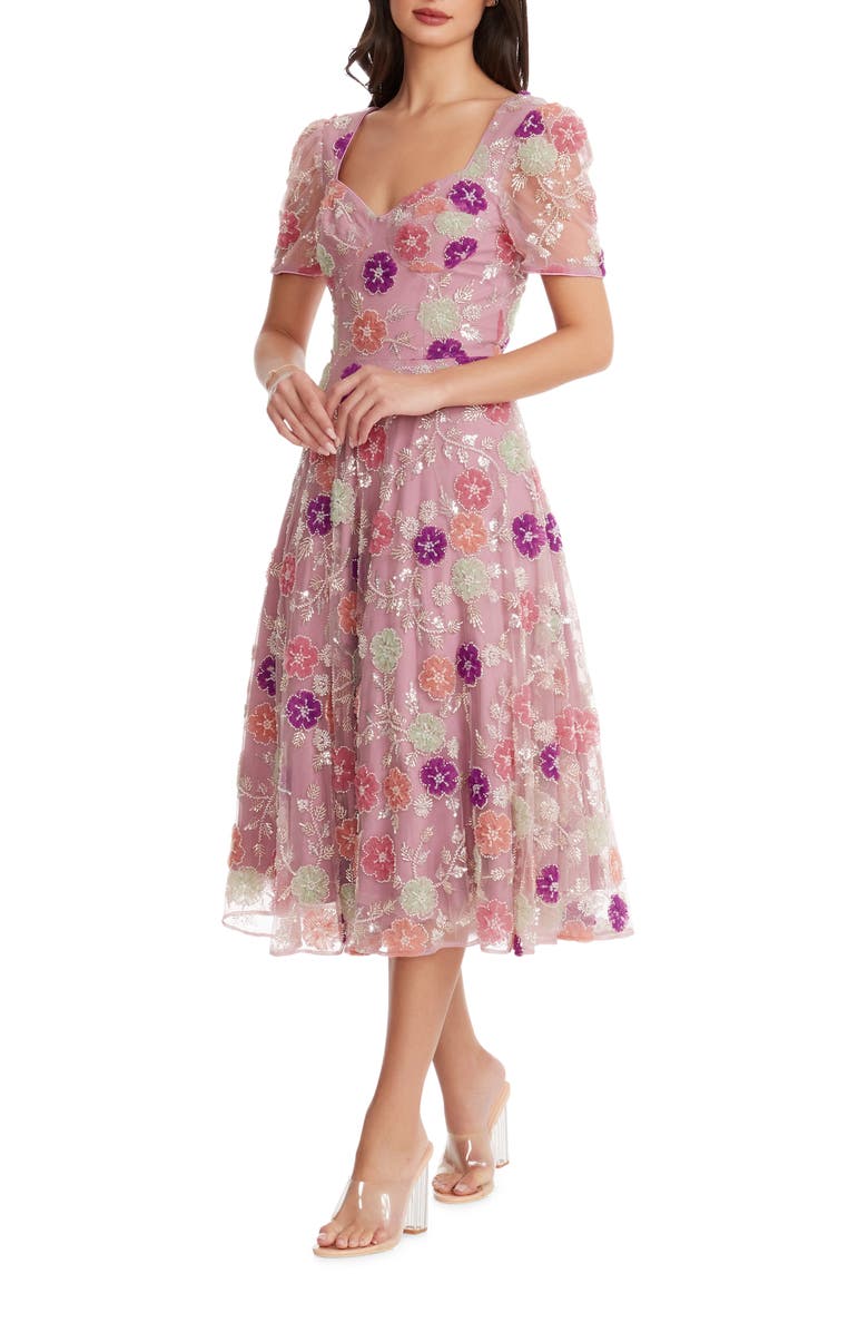 Dress the Population Iliana Beaded Floral Cocktail Midi Dress, Alternate, color,