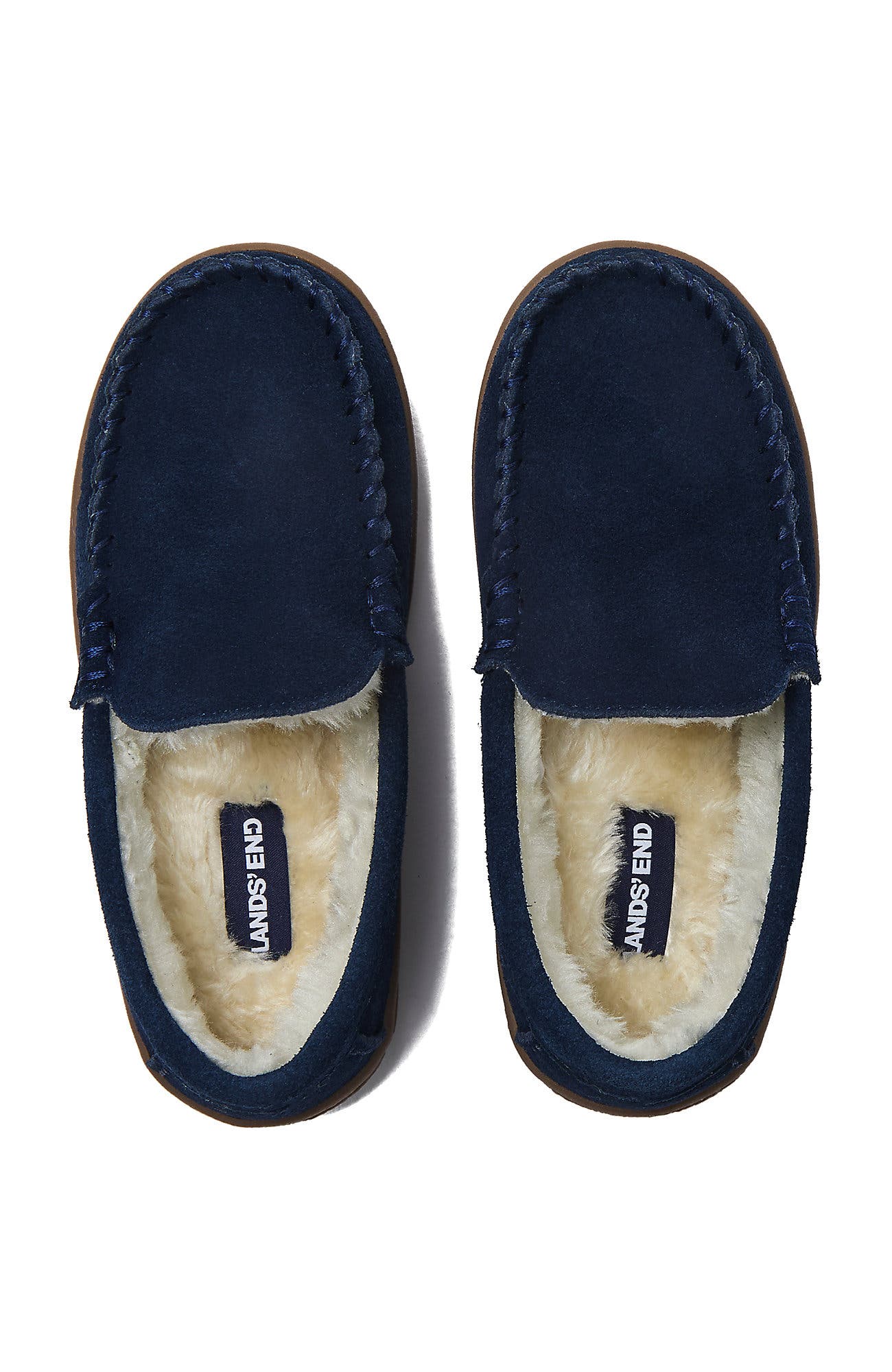 Lands' End Kids Fuzzy Lined Suede Moccasin Slippers, Alternate, color, Radiant Navy