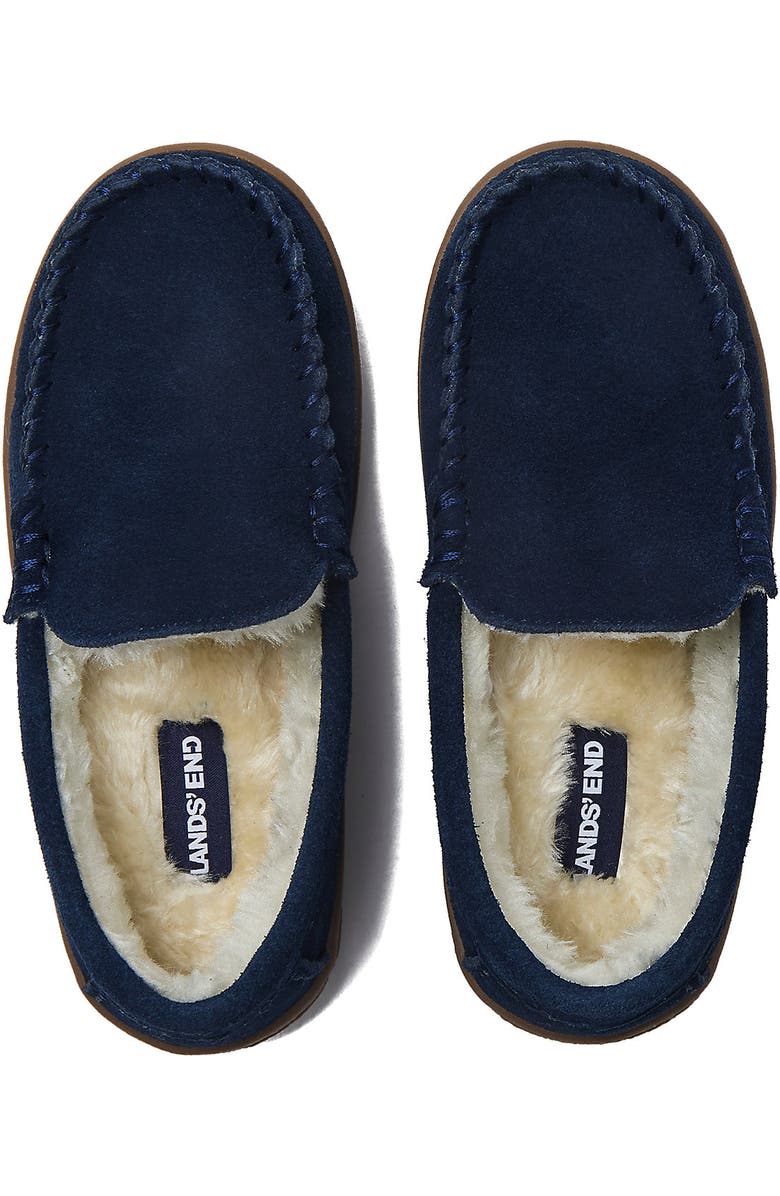 Lands' End Kids Fuzzy Lined Suede Moccasin Slippers, Alternate, color, Radiant Navy