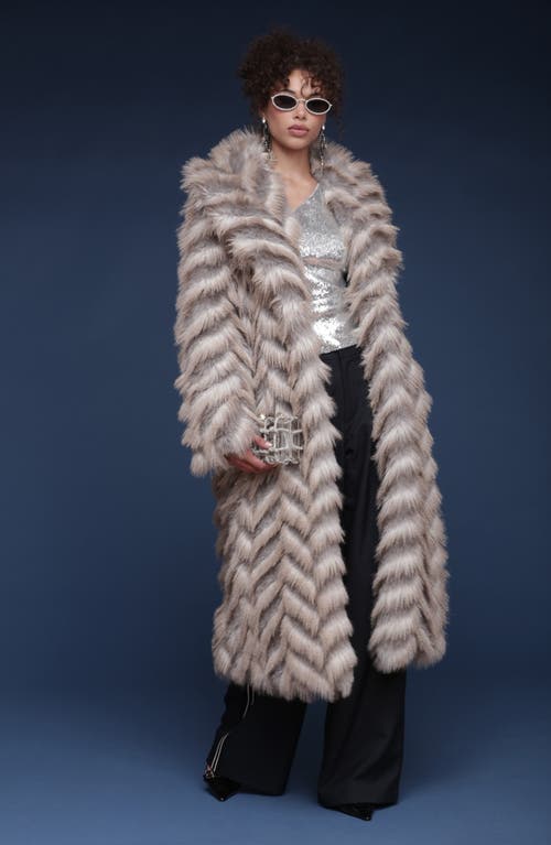 Avec Les Filles Chevron Stripe Faux Fur Coat In Brown