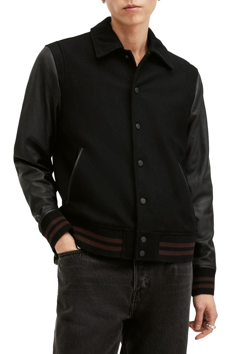 AllSaints Mason Wool Blend & Leather Varsity Jacket, Main, color, 