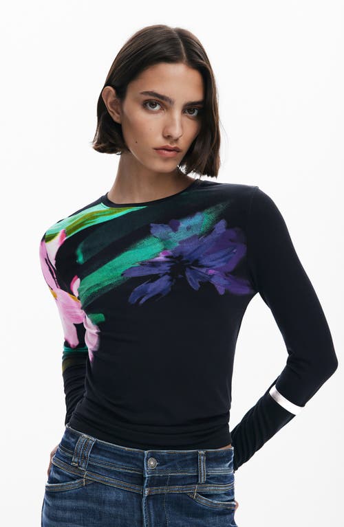 Desigual Abstract Floral Print Long Sleeve T-shirt In Black