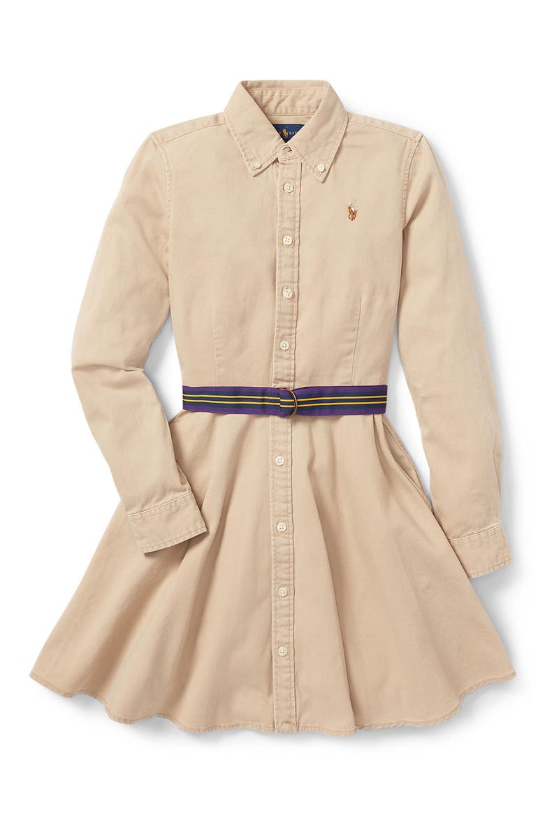 Kids' Long Sleeve Belted Cotton Shirtdress, Main, color, CLASSIC KHAKI