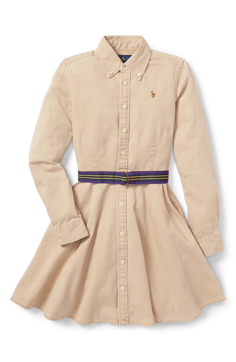 Polo Ralph Lauren Kids' Long Sleeve Belted Cotton Shirtdress, Main, color, Classic Khaki