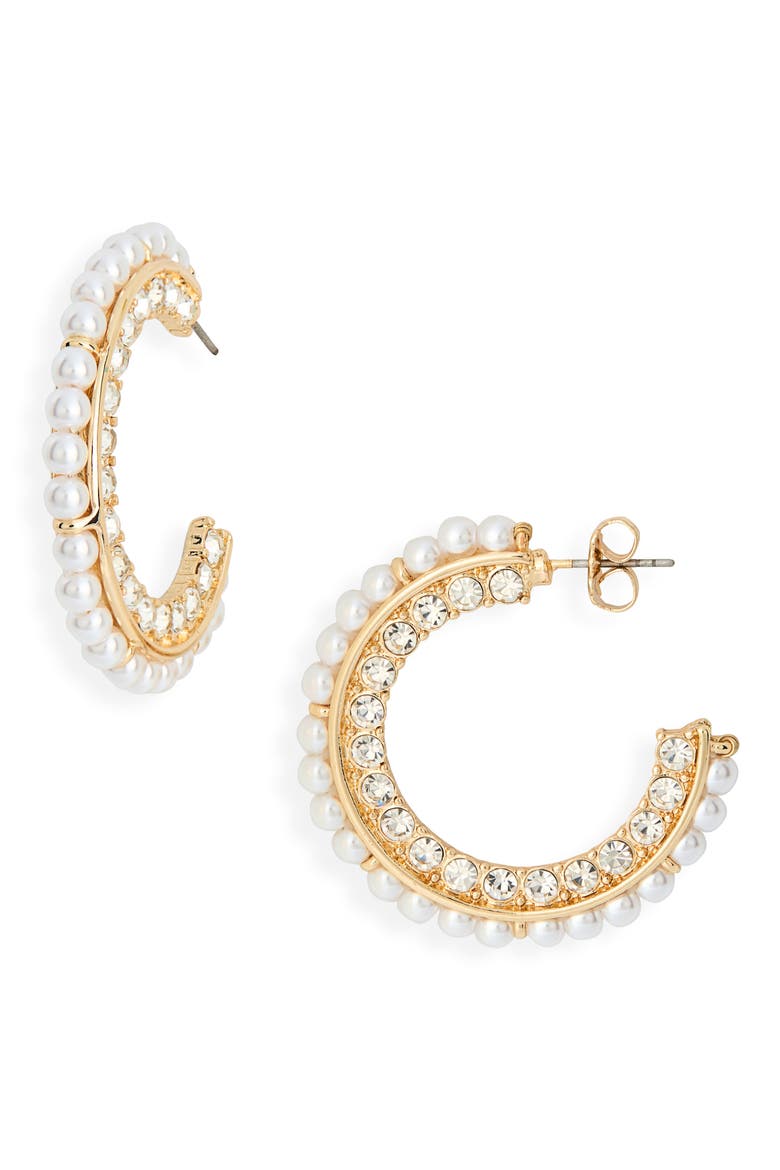 Crystal & Faux Pearl Hoop Earrings, Main, color, CLEAR- WHITE- GOLD