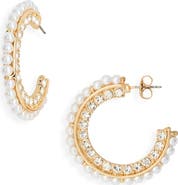 NORDSTROM RACK Crystal & Faux Pearl Hoop Earrings