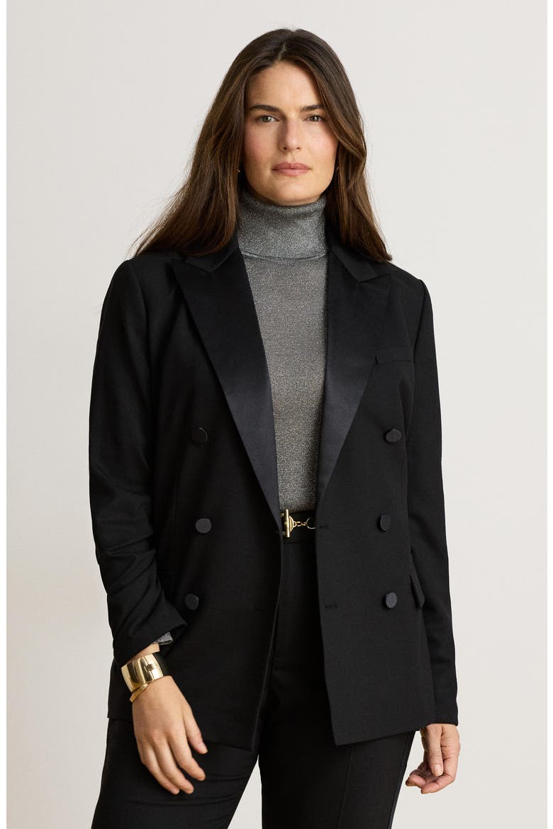 Satin-Trimmed Double Breasted Stretch Wool Blazer, Alternate, color, BLACK