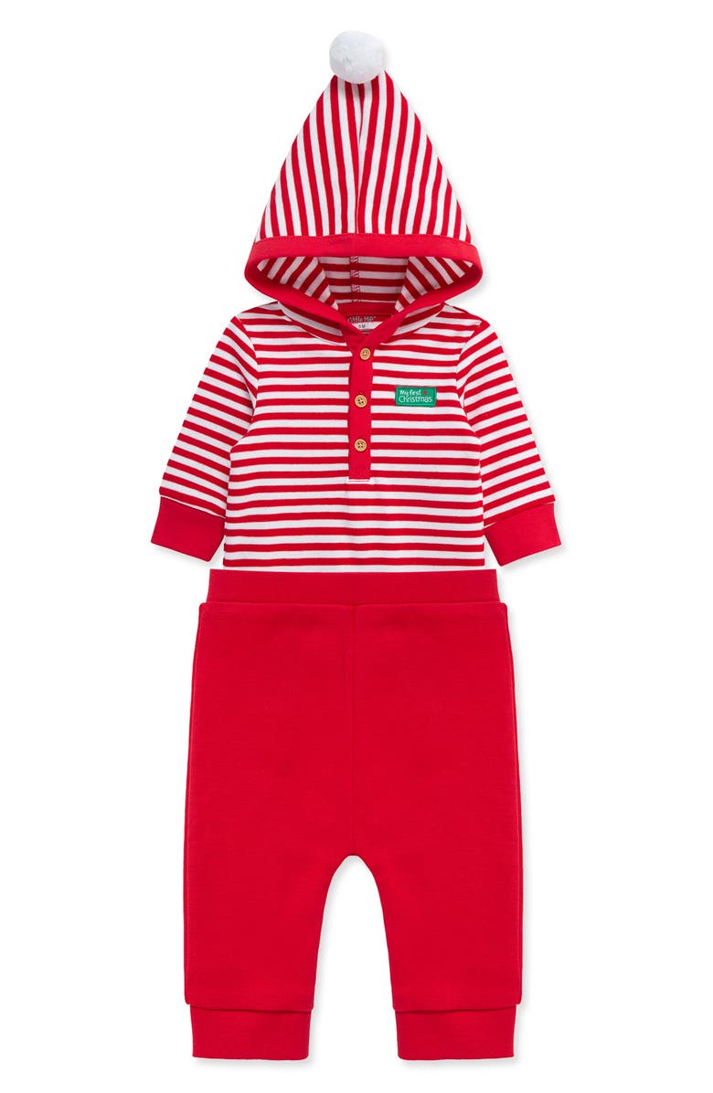 Little Me First Christmas Holiday Stripe Hooded Bodysuit & Santa Joggers Set, Alternate, color, Red