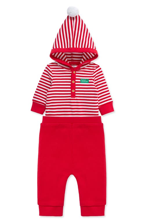 Little Me First Christmas Holiday Stripe Hooded Bodysuit & Santa Joggers Set In Red