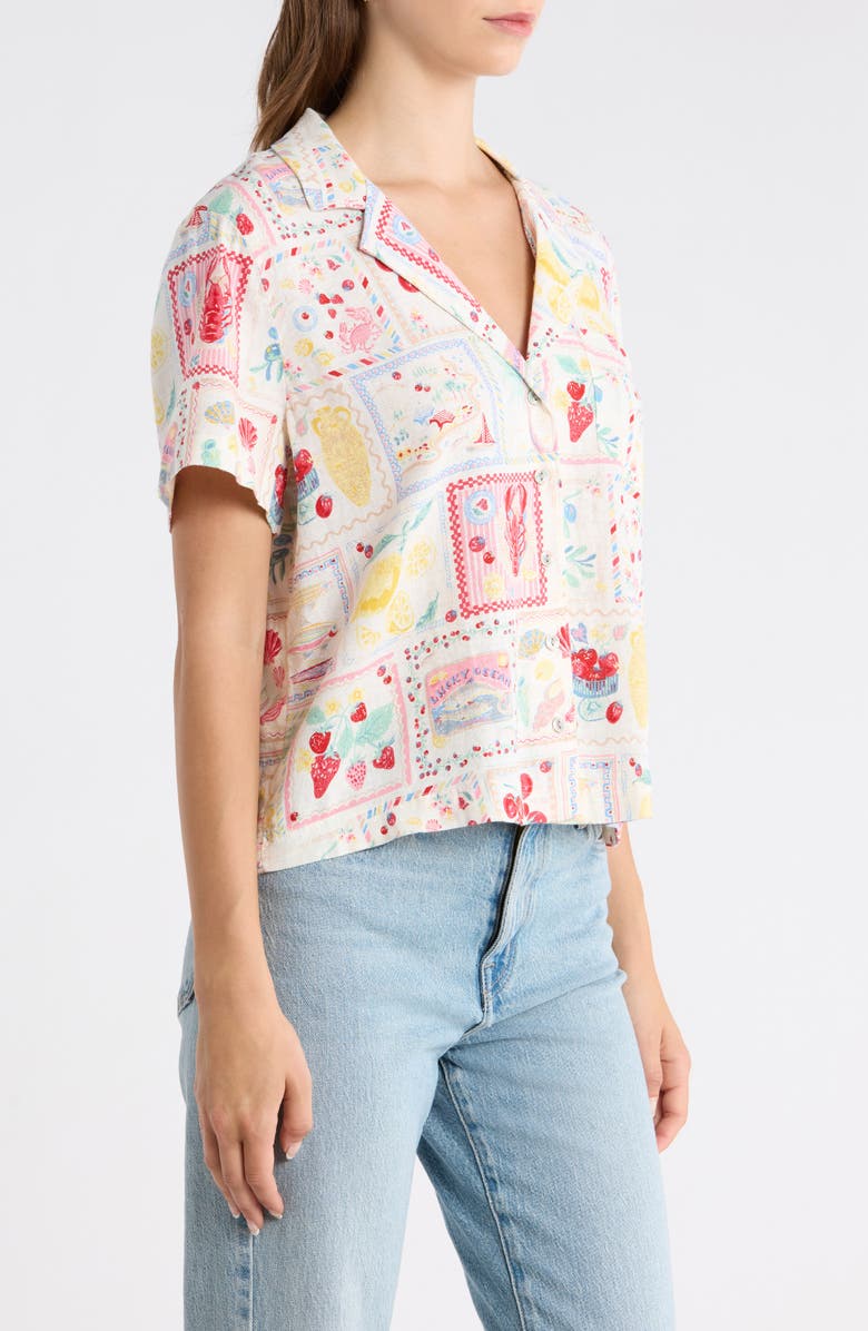 Lucky Brand Post Card Print Linen Blend Camp Shirt, Alternate, color, Multi Postcard
