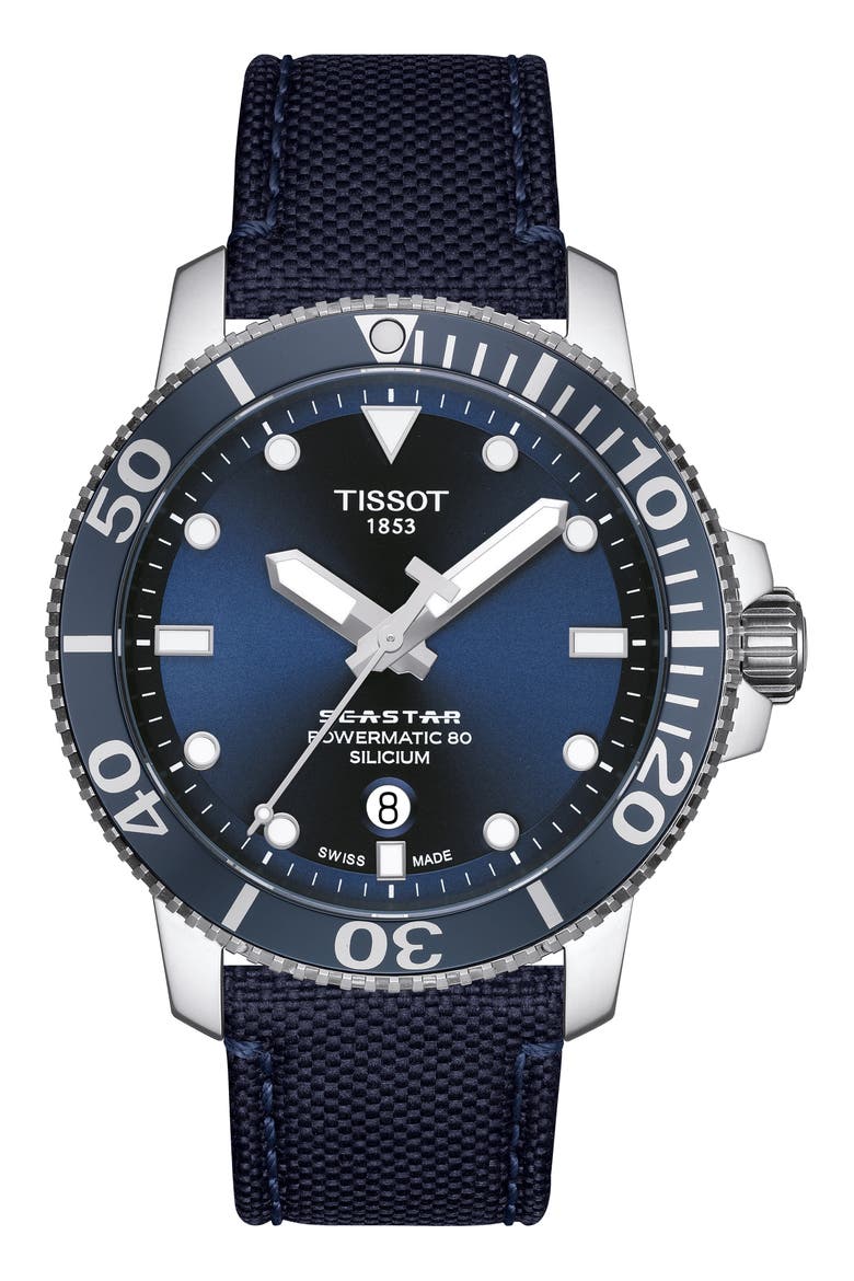 Seastar 1000 Powermatic 80 Mesh Strap Watch, 43mm, Main, color, BLUE/ SILVER