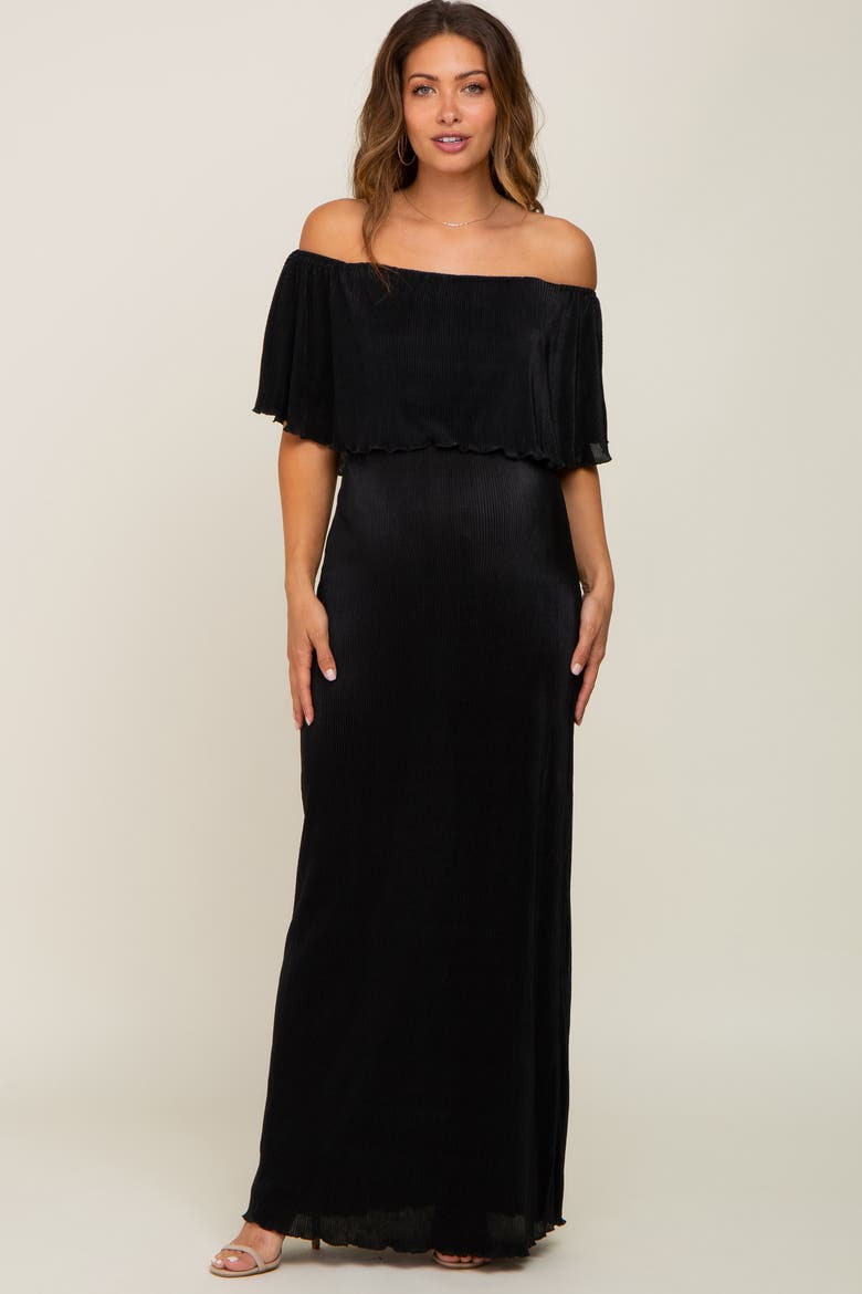 Pleated Ruffle Off Shoulder Maxi Dress, Alternate, color, Black