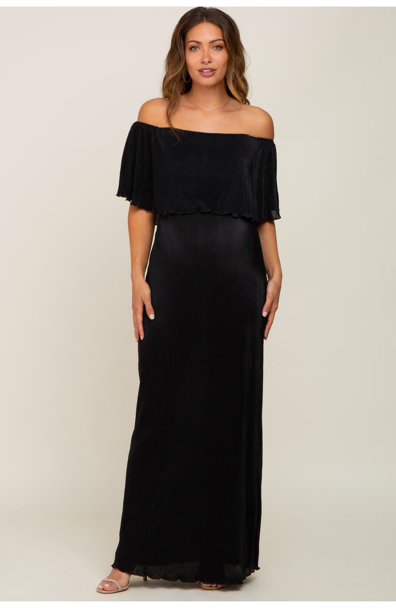 PinkBlush Pleated Ruffle Off Shoulder Maxi Dress, Alternate, color, Black