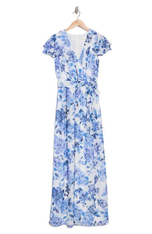 ELIZA J ELIZA J FLORAL FLUTTER SLEEVE FAUX WRAP MAXI DRESS