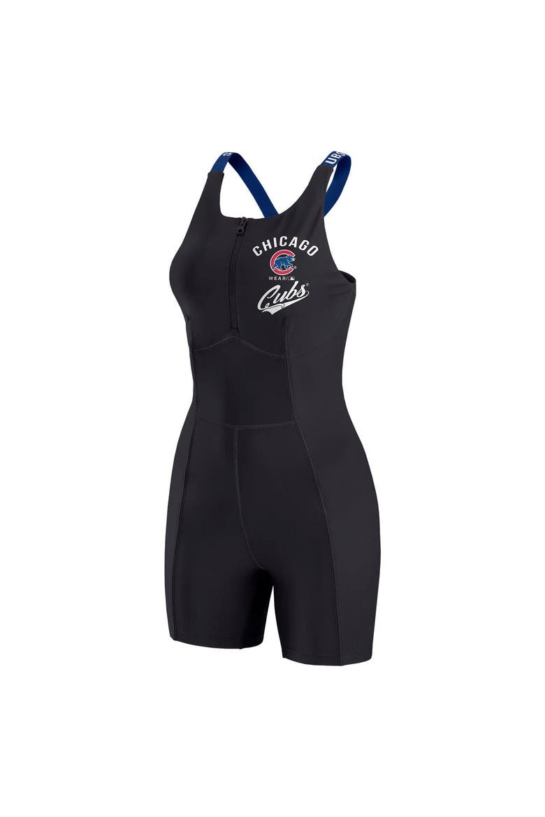 Women's WEAR by Erin Andrews  Black Chicago Cubs Bodycon Quarter-Zip Romper, Alternate, color, Black