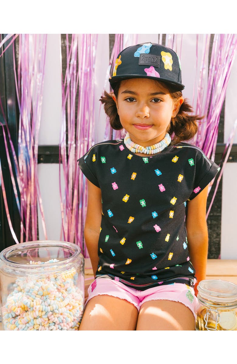Deux par Deux Little Girl's Rolled Sleeve Tee With Print Black And Multicolored Gummies, Alternate, color,