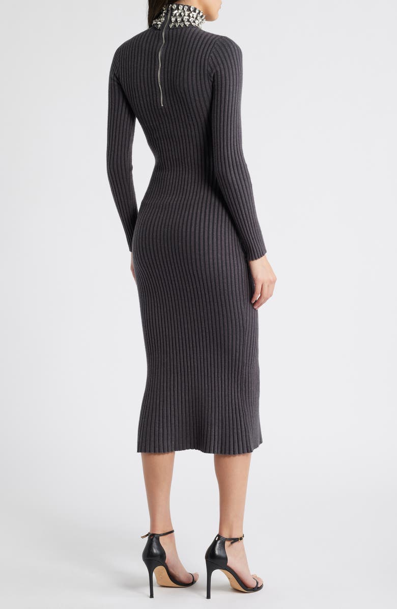 bebe Crystal Neck Long Sleeve Rib Midi Dress, Alternate, color, Charcoal