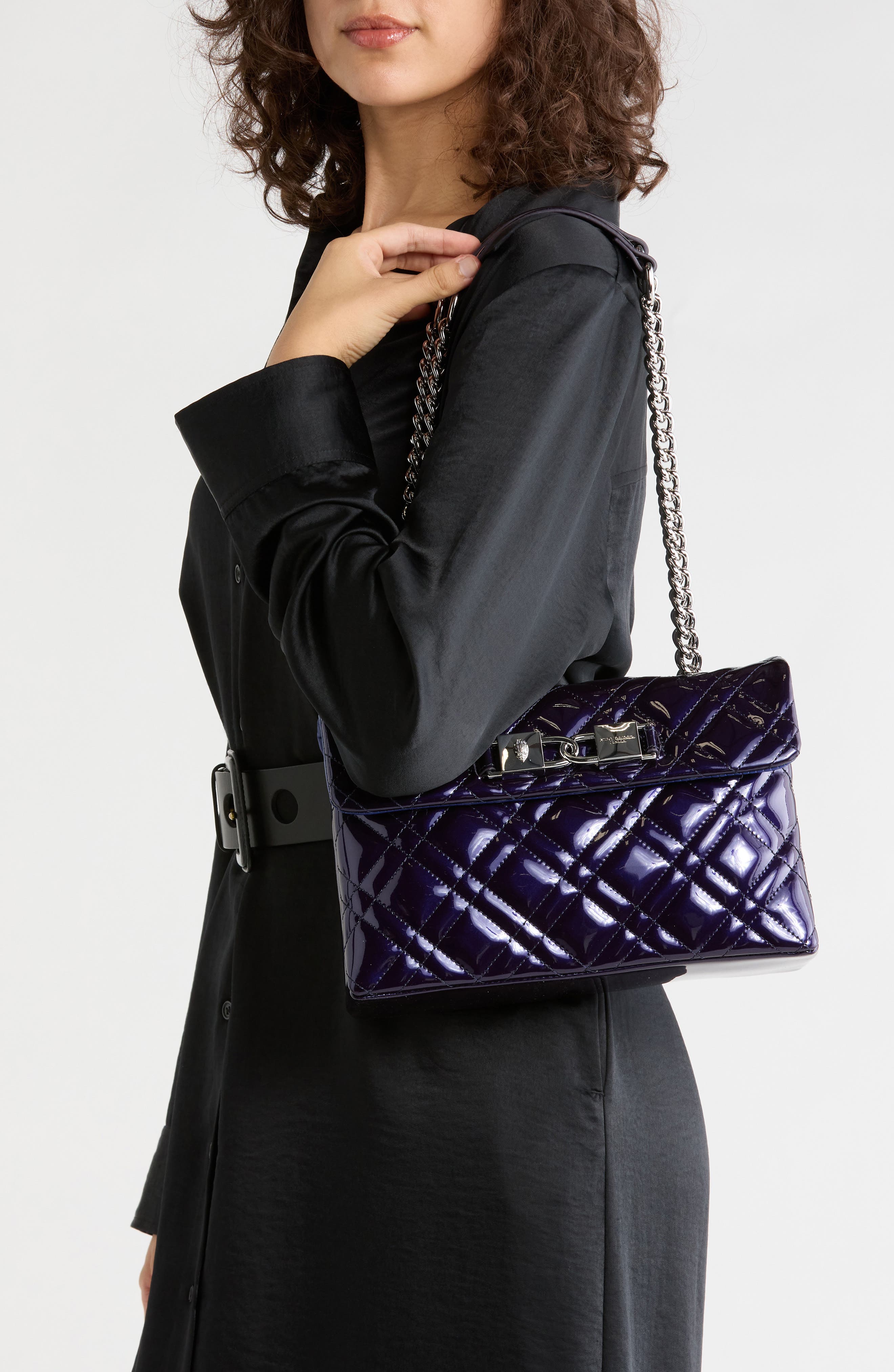 Kingsley Quilted Patent Leather Shoulder Bag, Alternate, color, NAVY