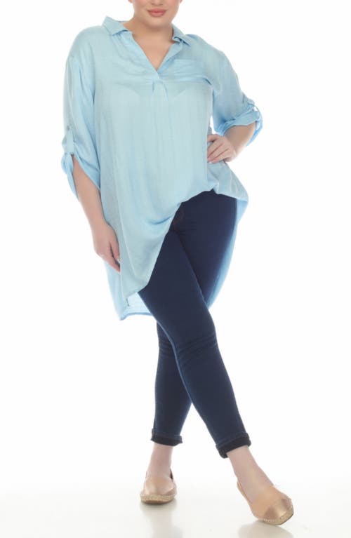 Boho Me Roll Sleeve Button-up Tunic Shirt In Blue