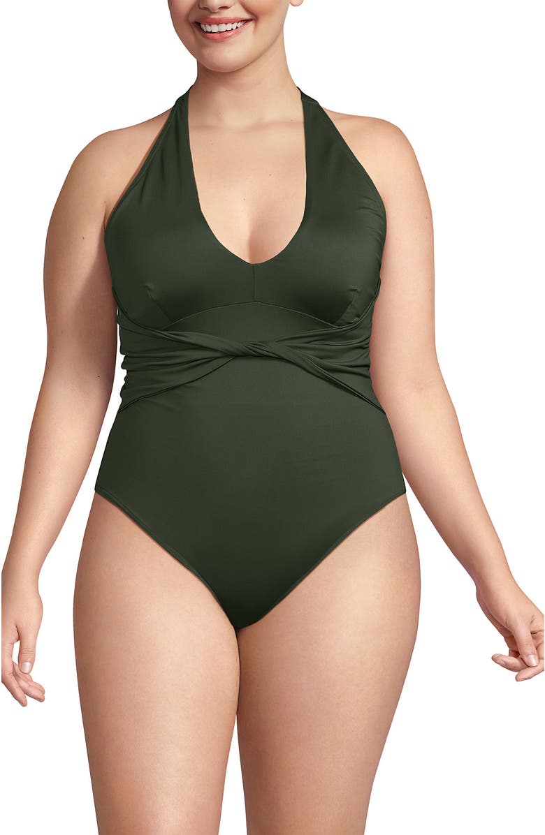 Lands' End Plus Size Sculpting Suit Plunge Halter High Leg One Piece Swimsuit, Alternate, color, Rich Olive Green